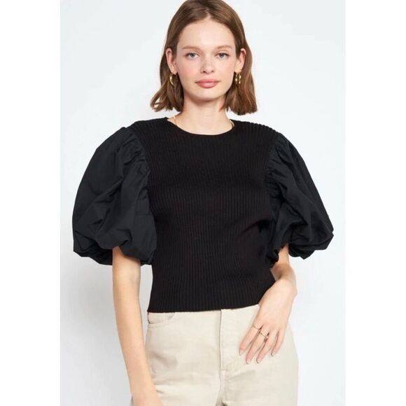En Saison Maxime Puff Sleeve Ribbed Knit Backless Tied Blouse in Black Size M - Picture 3 of 12